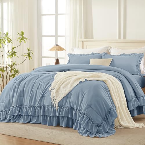 Grayish Blue Ruffle Comforter Set King