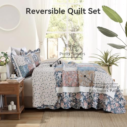3 Piece Quilt Set King Size Quilted Bedspread Reversible Country Style Blue Floral Paisley Real Patchwork Bedding Quilt Set with Ruffles with Pillowcases for All Seasons