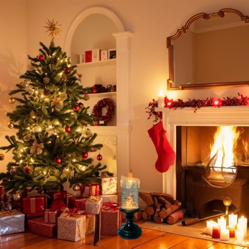 Christmas Flickering Flameless Candles Christmas Snow Globe Candle Light Swirling Water Glittering Spinning Candles with 6 Hours Timer for Home Christmas Gift Decorations