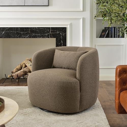 34" W Boucle Swivel Barrel Chair with Toss Pillow