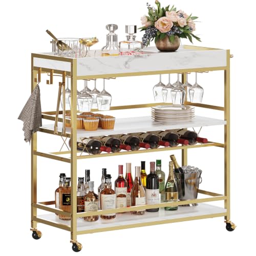 Gold Bar Cart on Wheels for Home with Wine Rack & Glass Holders