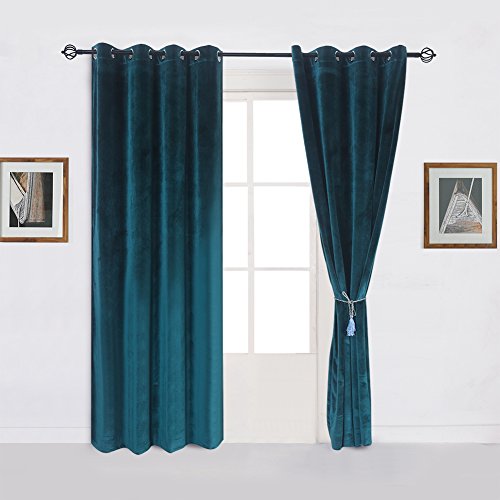 Super Soft Luxury Velvet Texture Curtains Set of 2 Dark Green Blackout Energy Efficient Grommet Curtain Panel Drapes Peacock Blue 52Wx96L