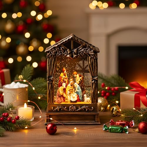 Three Kings Three Saints Window Christmas Snow Globe Swirling Glittering Nativity Figurines Manger Scene