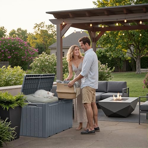 Resin Deck Box 100 Gallon Large Outdoor Storage Box Waterproof