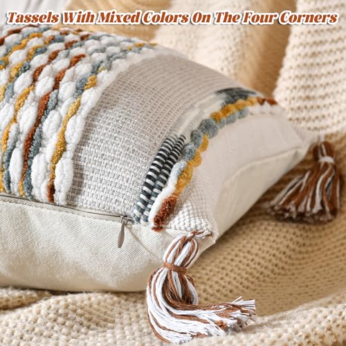 Chenille Striped Textured Boho Throw Pillow Covers Aesthetic with Tassels Woven Decorative Pillow Case for Couch Bed Sofa Bedroom Modern Funky 14 x 36