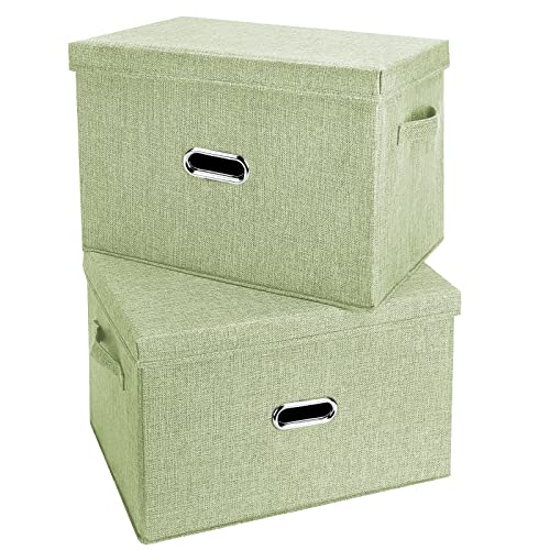 Large Linen Fabric Foldable Storage Bins with Removable Lid and Handles (2 Count)
