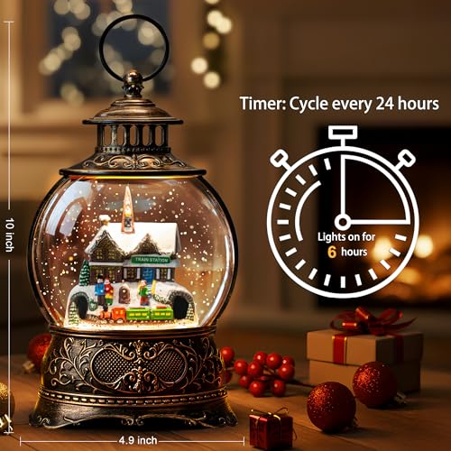 Christmas Village Snow Globe Water Lantern with Train Station Scene Battery Operated or USB Powered Musical Lighted Holiday Decoration for Tabletop Display for Family and Friends