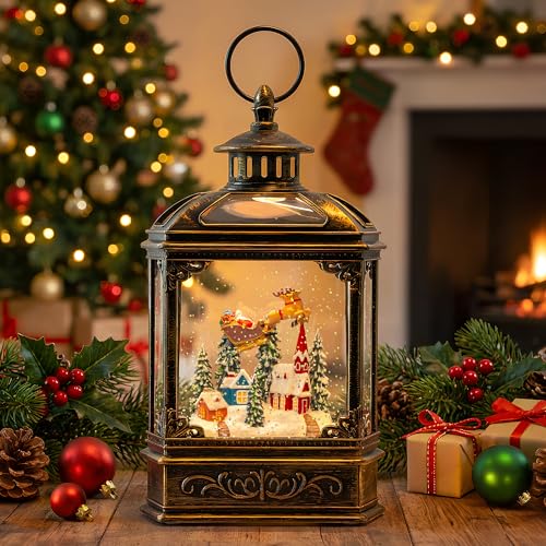Christmas Snow Globe Swirling Glittering Lantern Santa Flying with Reindeer