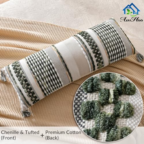 Chenille Striped Textured Boho Throw Pillow Covers Aesthetic with Tassels Woven Decorative Pillow Case for Couch Bed Sofa Bedroom Modern Funky 14 x 36