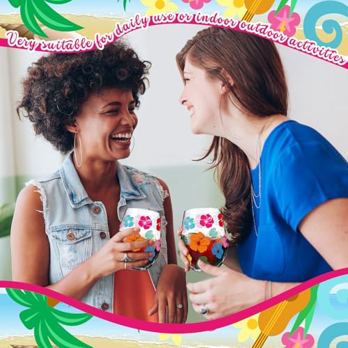 2 Pack 17oz Summer Hawaiian Stemless Wine Glasses Aloha Stemless Wine Glass Luau Colorful Flowers Leaves Tumbler Cups for Hawaiian Tiki Party Supplies Birthday Gift (2 Count)