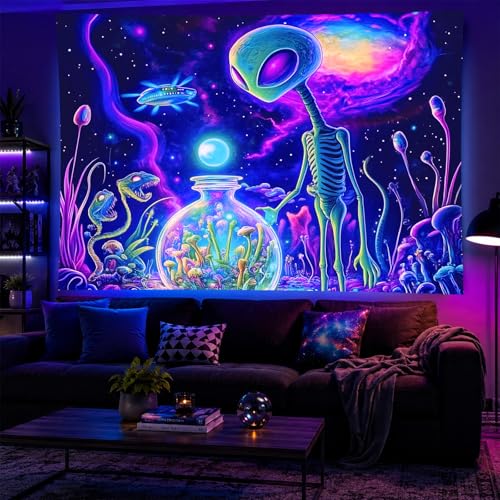 Blacklight Tapestry Alien UFO Wall Hanging 78 x 59 Inch