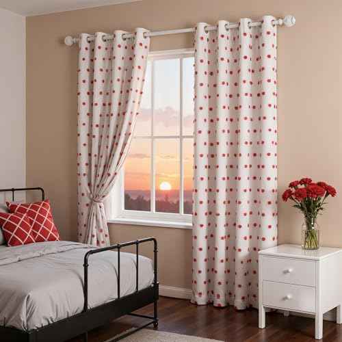 Blackout Curtains for Nursery Thermal Insulated Red Pom Pom Curtains 72 Inch Long for Girls Bedroom 2 Panels White Sheer Curtains for Dining Room Door Grommet (2 Count)