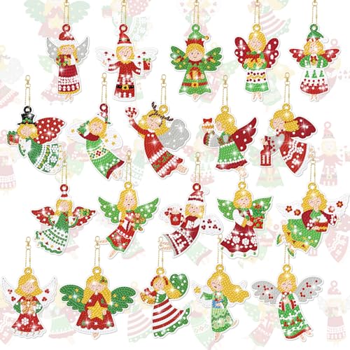 20 Pcs Christmas Diamond Painting Keychain Kits 5D DIY Diamond Art Pendants Double Sided Hanging Key Chains for Christmas Party Decoration DIY (20 Count)