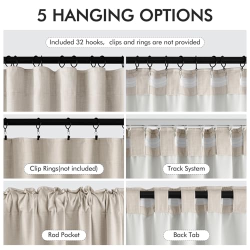 100% Blackout Back Tab Pleat Linen Curtains 50" Wx63 L
