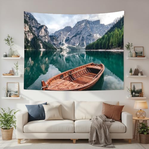 Nature Mountain Lake Boat Tapestry 48x36 Inch