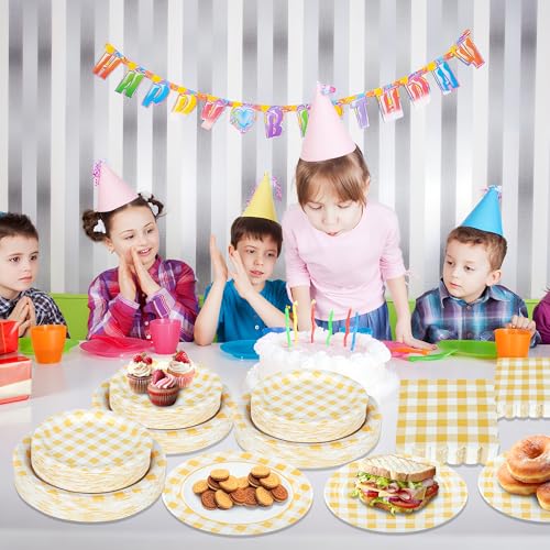 150 Pcs Yellow Gingham Paper Plates and Napkins (150 Count)