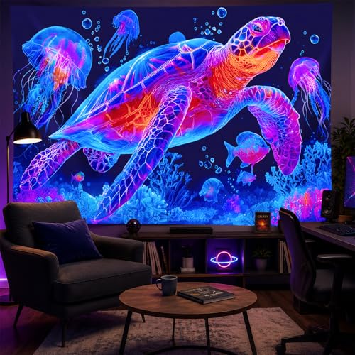 Blacklight Tapestry Turtle Ocean Room Wall Art 78 x 59 Inch