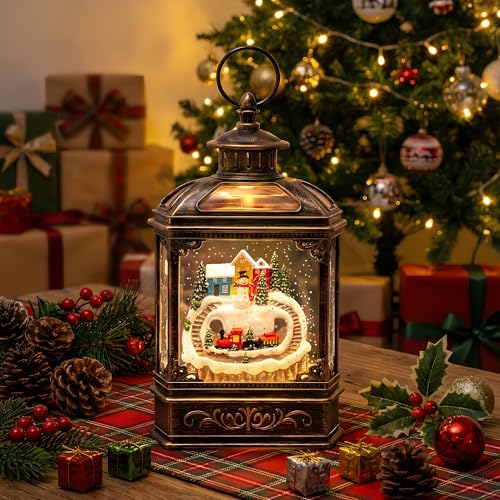 Christmas Village Snow Globe Lantern Musical Lighted Mountain Village Snowman & Train Water Lantern in Swirling Glitter