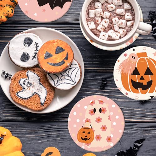 4Pcs Halloween Coasters Pink Ghost Bat Pumpkin Ceramic Coasters Absorbent Cup Mat for Home Kitchen Office Party Table Decor (4 Count)