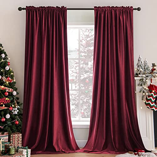 Burgundy Red Blackout Velvet Curtains Drapes 108 Inch Long 52"x108" (2 Count)