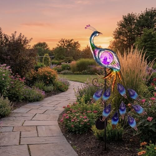 Solar Peacock Metal Garden Stake Outdoor Light 33"