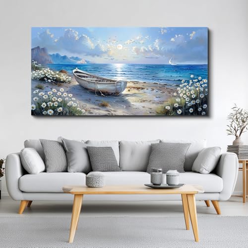 Large Canvas Wall Art For Living Room Wall Decor For Bedroom Office White Flower Seaside Landscape Printing Painting Restaurant Home Decorations Mural Poster Artwork Ready To Hang 30"X60"