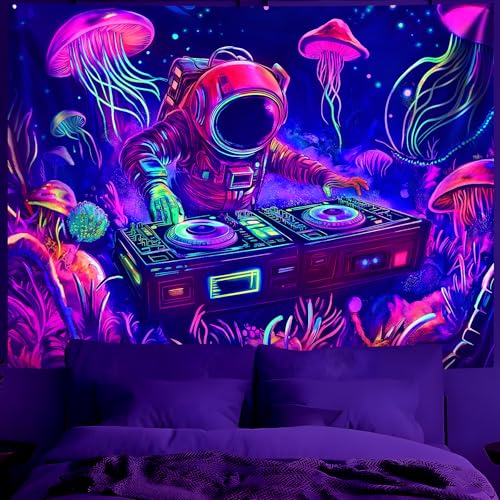 Blacklight Space Astronaut Tapestry UV Reactive Galaxy Planet Glow in Dark Tapestries Black Light Poster Neon Wall Hanging Art for bedroom Living Room