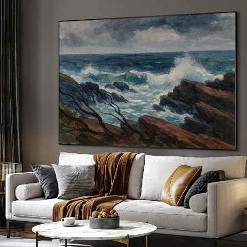 46"x60" Extra Large Framed Wall Art Rocky Seashore with Crashing Waves and Moody Sky for Home Living Room Bedroom Decor