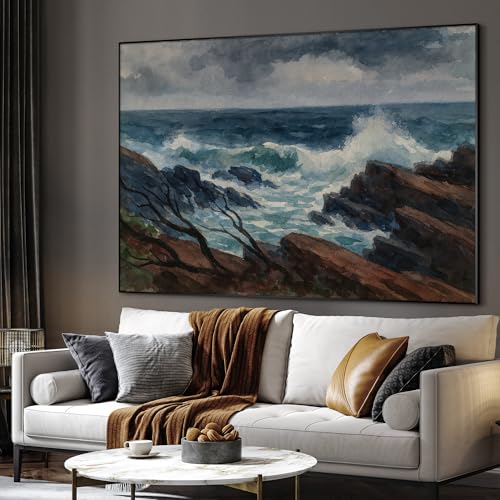 60"x72" Extra Large Framed Wall Art Rocky Seashore with Crashing Waves and Moody Sky for Home Living Room Bedroom Decor