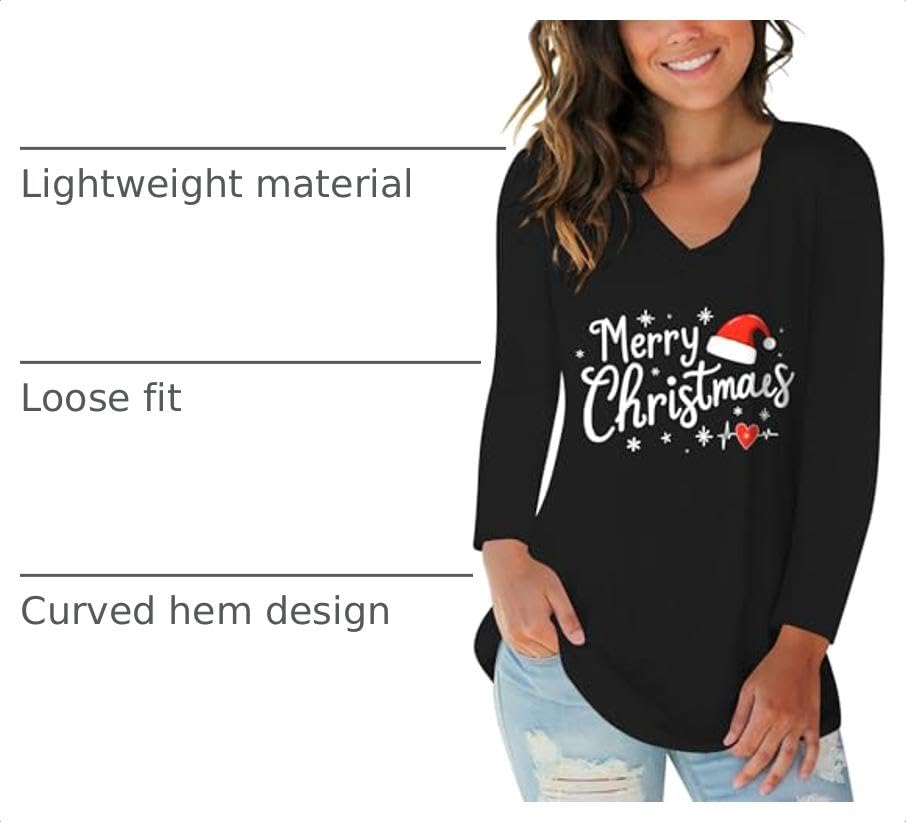 V neck Christmas Long Sleeve for Women Merry Christmas Print Graphic Tee Shirts Tops XL