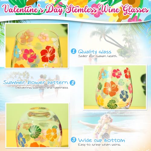 2 Pack 17oz Summer Hawaiian Stemless Wine Glasses Aloha Stemless Wine Glass Luau Colorful Flowers Leaves Tumbler Cups for Hawaiian Tiki Party Supplies Birthday Gift (2 Count)