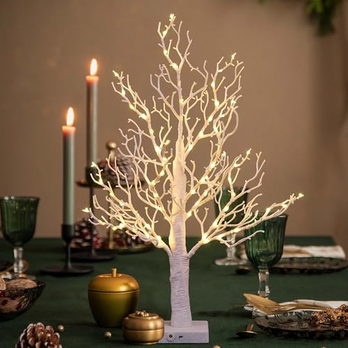 24IN Lighted Willow Tree Bonsai 70 Mini LED Lights Artificial White Birch Tree for Home