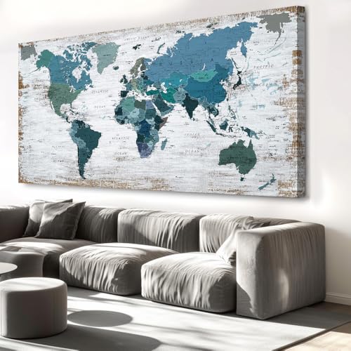 Teal Decor map of the world Canvas Wall Art Pictures for Living Room Decoration Blue Wall Decor Office World Map Art Picture Framed Artwork for Home Bedroom Decoration 40"x79"