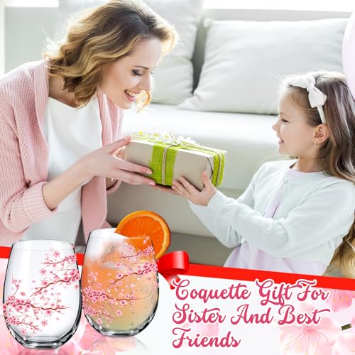 2 Pack 17oz Cherry Blossom Stemless Wine Glasses Floral Drinking Glasses Cherry Blossom Tumbler Cups for Wedding Birthday Gift Parties Supplies (2 Count)