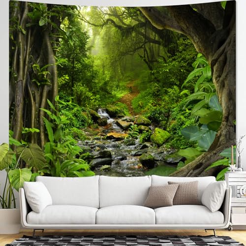 Green Rainforest Tapestry Nature Forest Tapestry for Bedroom Aesthetic Misty Tropical Jungle Trees Flowing Stream Landscape Tapestries Wall Hanging for Living Room Dorm 80 x 60 Inch