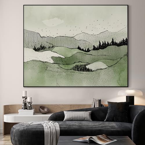 36"x46" Extra Large Framed Wall Art Green Line Art Mountain Landscape Illustration for Home Living Room Bedroom Decor