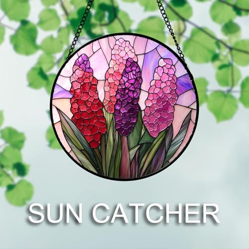 Stained Glass Window Hanging 4 Pcs Set Purple Flower Theme Large 11.8"