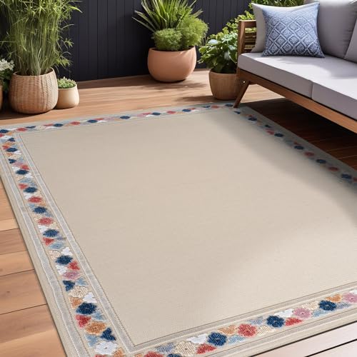 Outdoor Rug 4x6 Modern Bordered Area Rugs for Indoor and Outdoor Patio Easy to Clean Non Shedding Living Room Porch Garden Washable Outside Carpet
