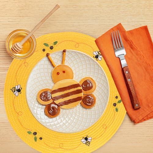 4Pcs Bee Sunflower Embroidered Placemats Round Place Mats Bee Floral Dinner Table Mats for Home Spring Summer Holiday Birthday Baby Shower Party Decor (4 Count)