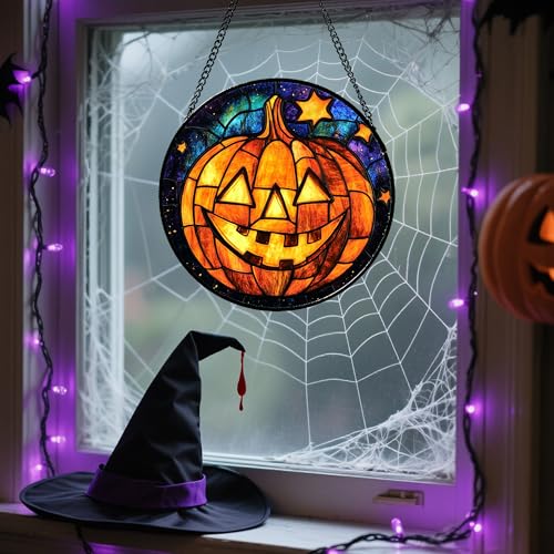 Stained Glass Window Hanging Halloween Horror Golden Pumpkin 7.8"