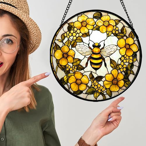 Bee Wreath Stained Glass Window Hanging Suncatcher Gifts for Women 9.8"