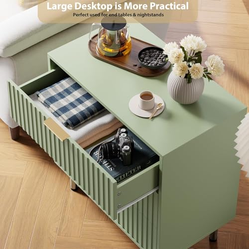 Fluted Green 3 Drawer Dresser for Bedroom with Deep Drawers