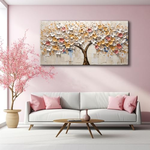 White Spring Large Tree of Life Wall Art Office Decor Living Room Modern Painting Prints Pictures Abstract Floral Flower Nature Canvas Large Landscape Artwork