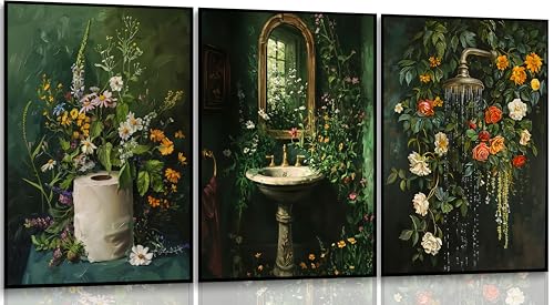 3Pcs Vintage Dark Green Bathroom Wall Art Shower Toilet Paper Roll Floral Poster Print Modern Farmhouse plants Painting Picture Wall Decor For Bathroom Living Room Decoration Unframed (3 Count)