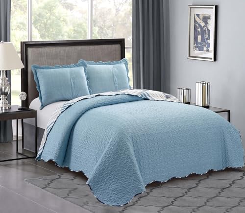 Blue Grey Stripes & Blocks Patchwork Quilt Set