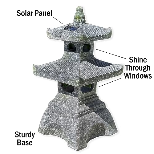 2 Tier Pagoda Garden Statue LED Solar Powered Light 26" Tall Outdoor Zen Garden Lantern Landscape Lawn Asian Pagoda Stupa Decor Grey Resin