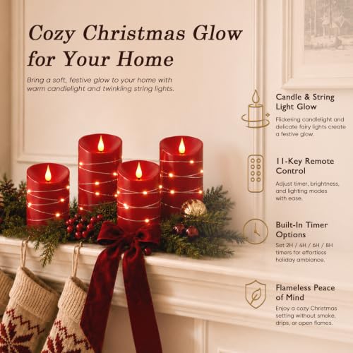 Red Flameless Candles with String Lights (3 Count)