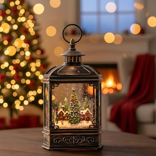 Christmas Snow Globe Lantern Water Glittering Xmas Village with Music & Timer
