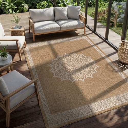 Outdoor Rug 8x10 Medallion Natural Modern Area Rugs for Indoor and Outdoor Patios Kitchen and Hallway Mats Washable Porch Deck Outside Carpet (80 Sq Ft)