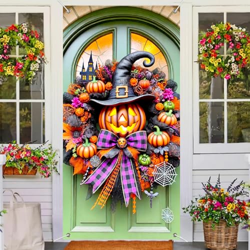 Halloween Door Cover Witch Hat Boo 35x71 Inch Polyester